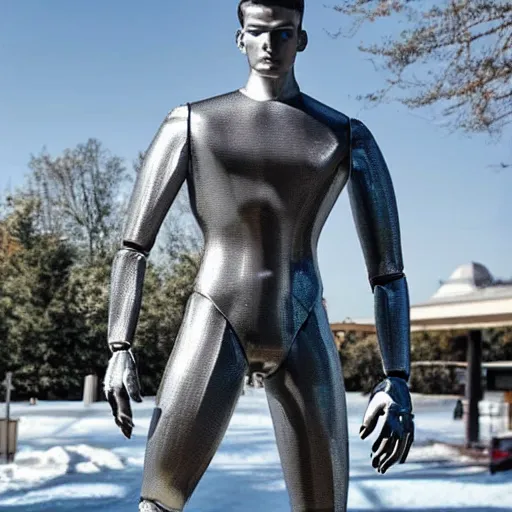 Image similar to made of ice, a realistic detailed photo of a guy who is an attractive humanoid who is half robot and half humanoid, who is a male android, on display, blank stare, showing off his muscles, shiny skin, posing like a statue, by the pool, frozen ice statue, f 1 driver max verstappen, humanoid robot