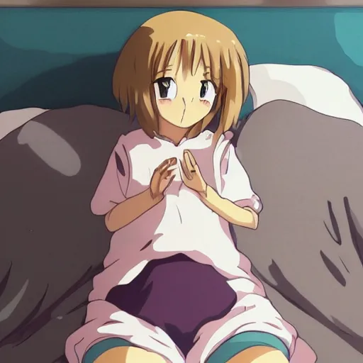 Image similar to adorable anime girl sitting up in bed waking up and stretching adorable cute in the style of ghibli