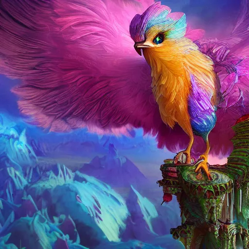 Prompt: a beautiful detailed 3d matte painting of a feathered critter sparkling with colourful energies in a brilliantky coloured fantasy setting, by beeple and ellen jewett and alex horley and Alexander Jansson. magical realism, hyperrealistic, ultrawide angle, smooth, texture, intricate, fantasy, trending on artstation, polarizer filter, volumetric lighting, micro details, 3d sculpture, octane render, 8k