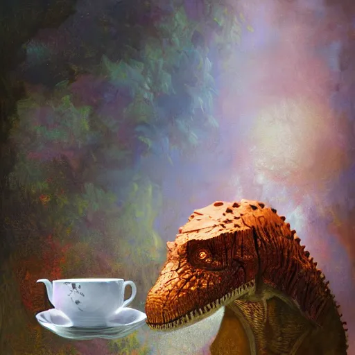 Prompt: long shot of tyrannosaurus rex sitting in a romantique tea cup, by esao andrews, by m. w. kaluta, harmonic composition, volumetric light, fresh colors, humorous oil painting, realistic reflections, smooth, concept art, depth perception, high depth of field, 4 k, unreal engine 5, ultradetailed, hyperrealistic, trending on artstation