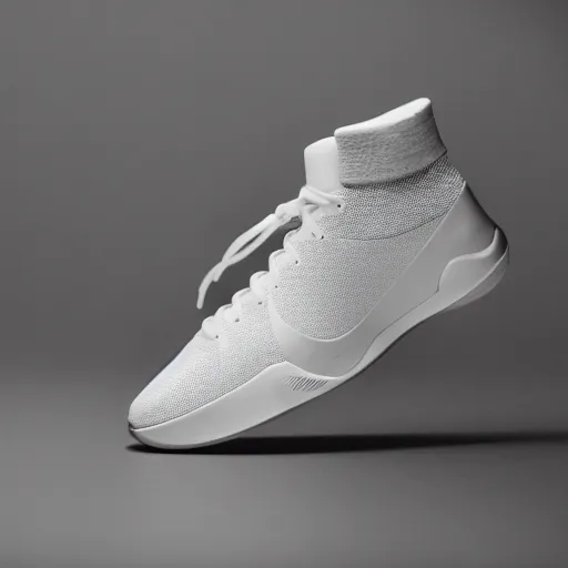 Image similar to a studio photoshoot of a Nike Kobe sneaker designed by Dieter Rams, air technology, geometric, knitted mesh material, realistic, color film photography by Tlyer Mitchell, 35 mm, graflex