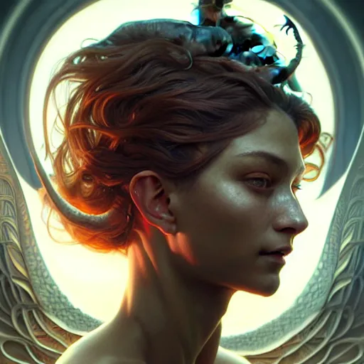 Image similar to portrait painting of a human fusion with a dragon, ultra realistic, concept art, intricate details, eerie, highly detailed, photorealistic, octane render, 8 k, unreal engine. art by artgerm and greg rutkowski and charlie bowater and magali villeneuve and alphonse mucha