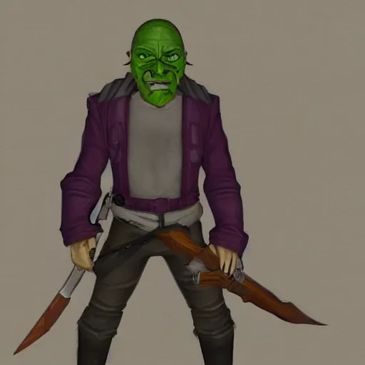 Image similar to shifty looking male rogue, hyperrealistic sneaking behind orc