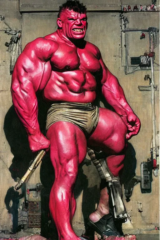 Image similar to full body portrait of morgan aste as huge pink hulk wearing trousers, simple background, painted by jack kirby, lawrence alma tadema, norman rockwell, greg staples, wayne barlow, jacob collins, tom lovell, frank schoonover, neville page