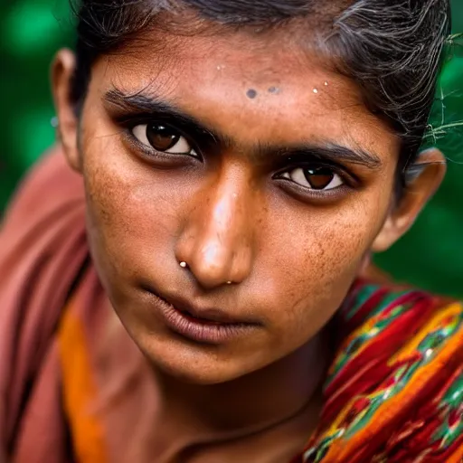 Prompt: the round shaped face of a lightly tanned, young indian woman is looking directly at the camera. She has short auburn fringed hair, small nose, full lips, dark green eyes, freckles. Portrait photography in the style of Steve Mccurry, 8K HD.