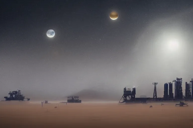 Prompt: landscape photography alien dust planet with sandstorm and oil rigs with multiple moons in the starry space skyline. men working seem small. sense of scale. huge futuristic grungy industrial buildings