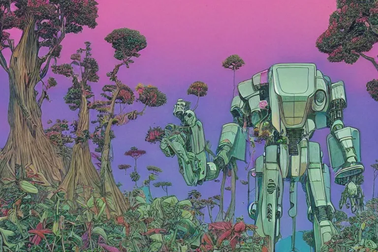 Image similar to gigantic man head, a lot of exotic vegetation around, trees, tremendous mecha robot, flowers, risograph!, oldschool vintage sci - fi flat surreal design, super - detailed, painting by moebius and satoshi kon and jodorowski