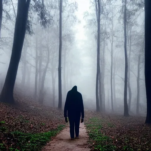 Prompt: one walks through a forest at night in the background is a dark, large figure with no face, dense fog, rain