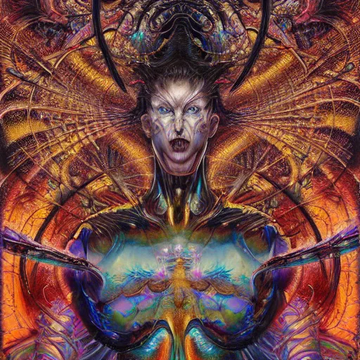 Prompt: realistic detailed image of Iridescent Holographic Multicolored Creature Demi God by Ayami Kojima, Amano, Karol Bak, Greg Hildebrandt, and Mark Brooks, Neo-Gothic, gothic, rich deep colors. Beksinski painting, part by Adrian Ghenie and Gerhard Richter. art by Takato Yamamoto. masterpiece