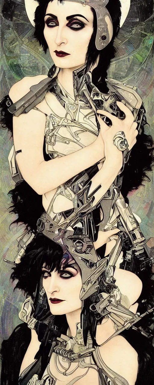 Prompt: a beautiful and captivating sci - fi art nouveau style portrait of siouxsie sioux as a futuristic gothpunk rebel soldier by chris achilleos, travis charest and alphonse mucha, mixed media painting, photorealism, extremely hyperdetailed, perfect symmetrical facial features, perfect anatomy, ornate declotage, circuitry, technical detail, confident expression, wry smile