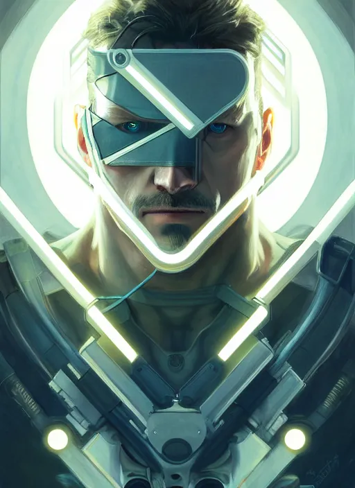 Image similar to symmetry!! portrait of solid snake, metal gear solid, tech wear, glowing lights!! intricate, elegant, highly detailed, digital painting, artstation, concept art, smooth, sharp focus, illustration, art by artgerm and greg rutkowski and alphonse mucha