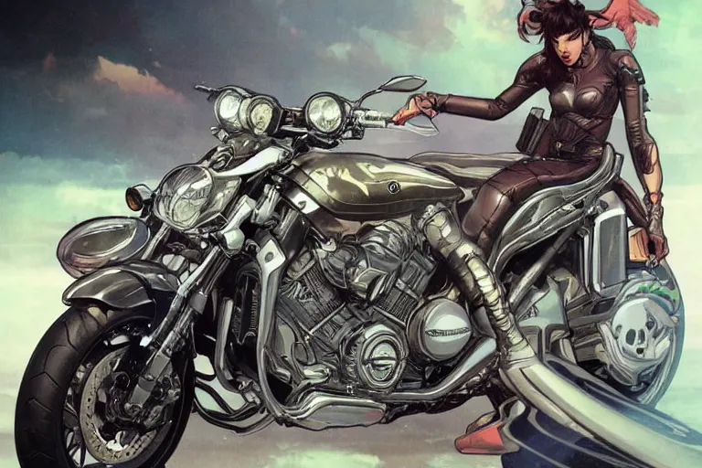 Prompt: comic book illustration, yamaha vmax motorcycle, cyberpunk concept art by artgerm and Alphonse Mucha and Moebius, highly detailed, intricate, sci-fi, sharp focus, Trending on Artstation HQ, deviantart