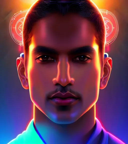 Image similar to symmetry!! indian prince of technology, solid cube of light, hard edges, product render retro - futuristic poster scifi, lasers and neon circuits, brown skin handsome indian prince, intricate, elegant, highly detailed, digital painting, artstation, concept art, smooth, sharp focus, illustration, dreamlike, art by artgerm