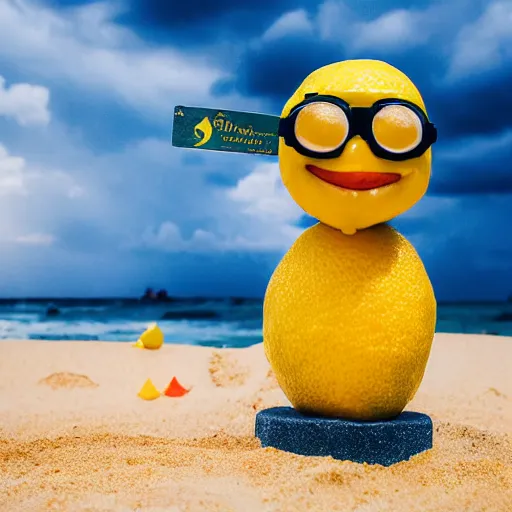 Image similar to 5 0 mm photograph, of a real anthropomorphic lemon character, with lemon skin texture, it is wearing a hat and scuba diving, building a sandcastle on the beach at sunset, beach, huge waves, sun, clouds, tropical trees, rim light, cinematic photography, professional, sand, sandcastle, volumetric lightening