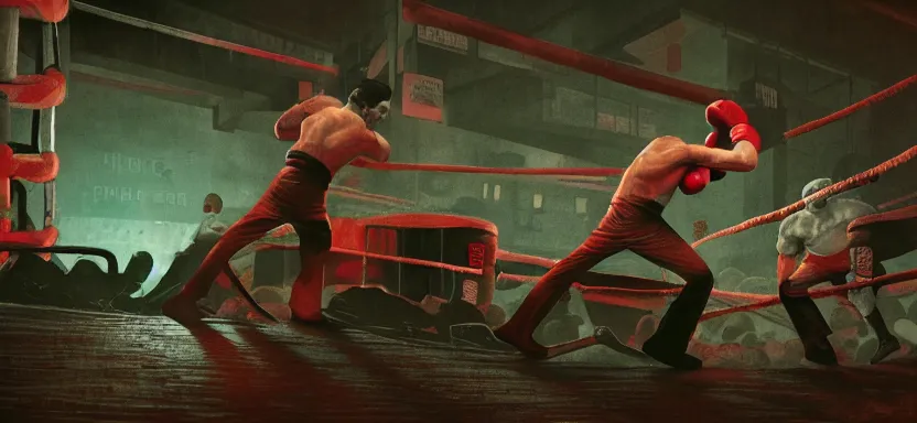 Prompt: handmade illustration of a vicious fight in an illegal boxing ring, bloody uppercut action shot knockout, line art, octane render with volumetric lighting, architectural illustration by MC Escher and cedric peyraavernay, industrial waste processing, bladerunner, green and red radioactive swamp