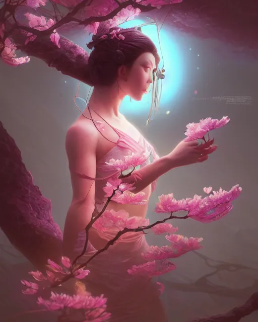 Prompt: one singular matte painting of a cute bioluminescent cherry blossom, highly detailed, digital painting, cinematic, hyper realism, dark retrowave, art by stanley lau and artgem and magali villeneuve and alphonse mucha, artstation, octane renderer, cgsociety