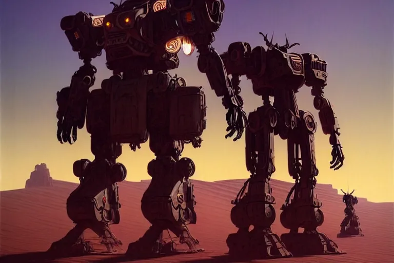 Prompt: gigantic mecha walking through the desert, intricate, elegant, dramatic lighting, highly detailed, artstation, concept art, smooth, sharp focus, illustration, art by syd mead and beksinski and john blanche and paul dainton