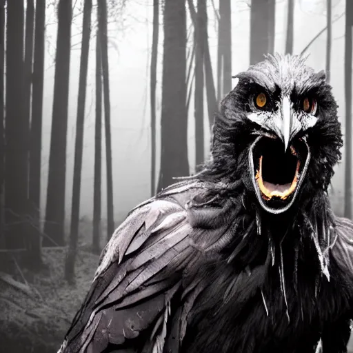 Image similar to werecreature consisting of a crow and a human, werecrow, photograph captured in a dark forest