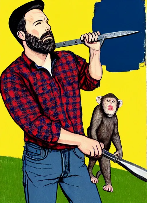 Prompt: full - body portrait of ben affleck wearing checkered shirt and white cap, holding a huge monkey wrench, by billy childish, thick visible brush strokes, shadowy landscape painting in the background by beal gifford, vintage postcard illustration, minimalist cover art by mitchell hooks