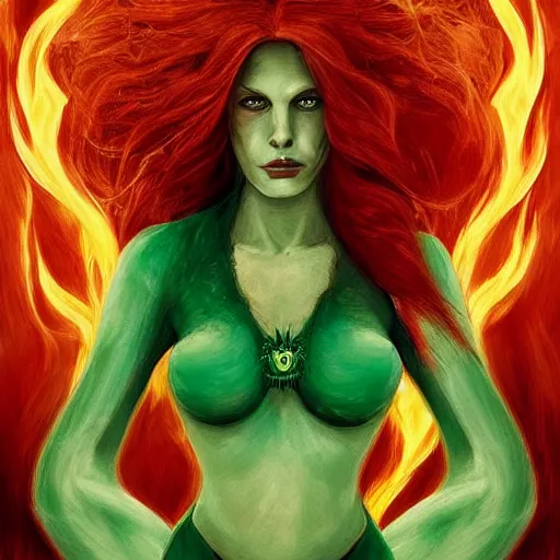 Prompt: portrait of a woman with long red hair and green eyes, flames swirl behind her, fantasy art