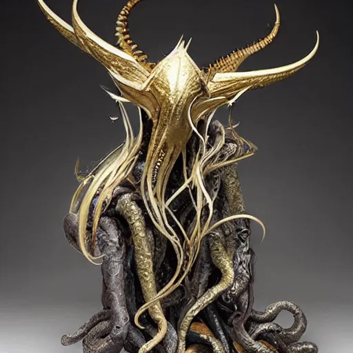 Image similar to angelarium, illithid, cthulhu, white with gold accents, sculpture by ellen jewett