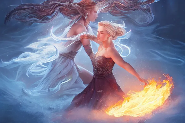 Image similar to beautiful female ice goddess fighting a beautiful fire goddess, digital painting, intricate, elegant, beautiful volumetric lighting, icicle, fire art by Leesha Hannigan, Ross Tran, Thierry Doizon, Kai Carpenter, Ignacio Fernández Ríos