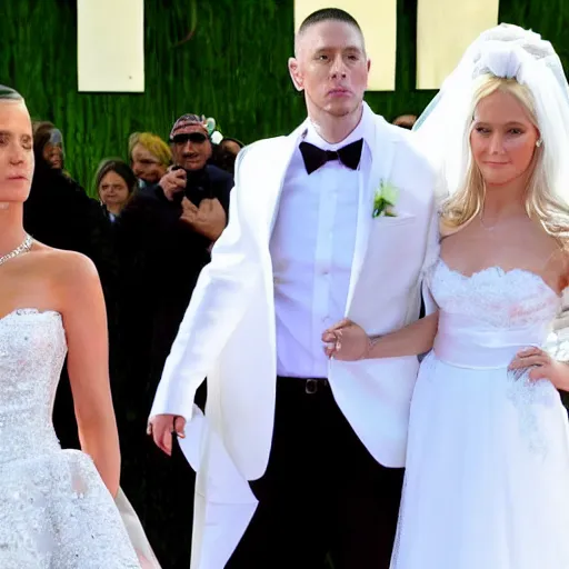 Prompt: eminem wearing a wedding dress, picture, wedding, photo, snapshot, breaking news,