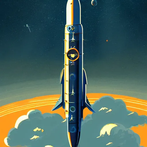 Prompt: Blue V2 rocket in space, tin tin, planet in the style of orange company, intricate, SCI-Fi, movie poster, high detail, digital art by raphael lacoste