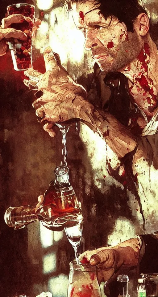 Image similar to close up of bloodied max payne pouring a drink, sun shining, photo realistic illustration by greg rutkowski, thomas kindkade, alphonse mucha, loish, norman rockwell.