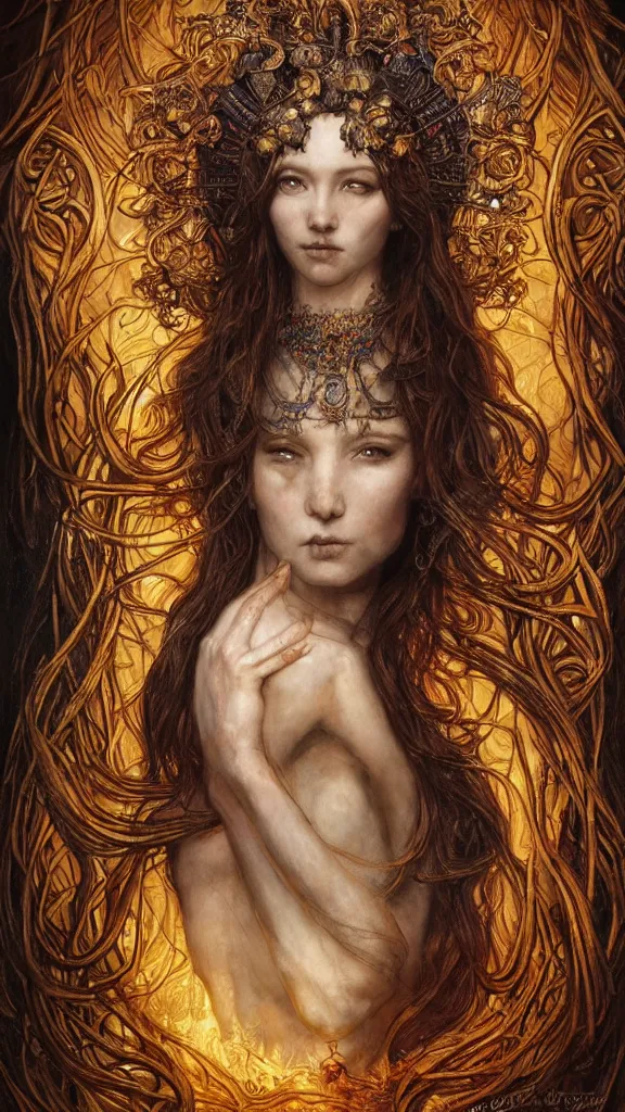 Prompt: breathtaking detailed soft painting of Hel goddess of death, gauze dress of fireflies and art nouveau crown of embers, viking culture, rembrandt style, detailed art nouveau stained glass of flames, christian saint rosace, elegant, highly detailed, artstation, concept art, matte, sharp focus, art by Tom Bagshaw, Artgerm and Greg Rutkowski