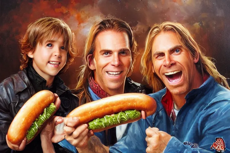 Prompt: portrait of wwf shawn michaels and thomas the tank engine sharing hotdogs, an oil painting by ross tran and thomas kincade