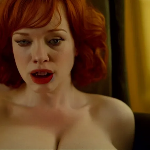 Image similar to amazing beautiful Christina Hendricks with mouth wide open in the living room, film still from the movie directed by Denis Villeneuve , wide lens