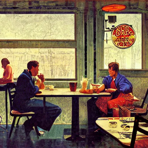 Prompt: a roadside diner open since the 7 0 s in ohio. free coffee refills, daily specials, and a door you must never open, high quality high detail art by angus mcbride and norman rockwell and nc wyeth, hd, realistic, photorealistic lighting, modern supernatural horror.