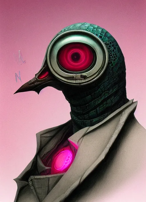 Image similar to cyber penguin downtown cn tower mf doom reptile eyes, pink skin. intricate, elegant, highly detailed, centered, digital painting, artstation, concept art, smooth, sharp focus, illustration, artgerm, tomasz alen kopera, peter mohrbacher, donato giancola, joseph christian leyendecker, wlop, frank frazetta