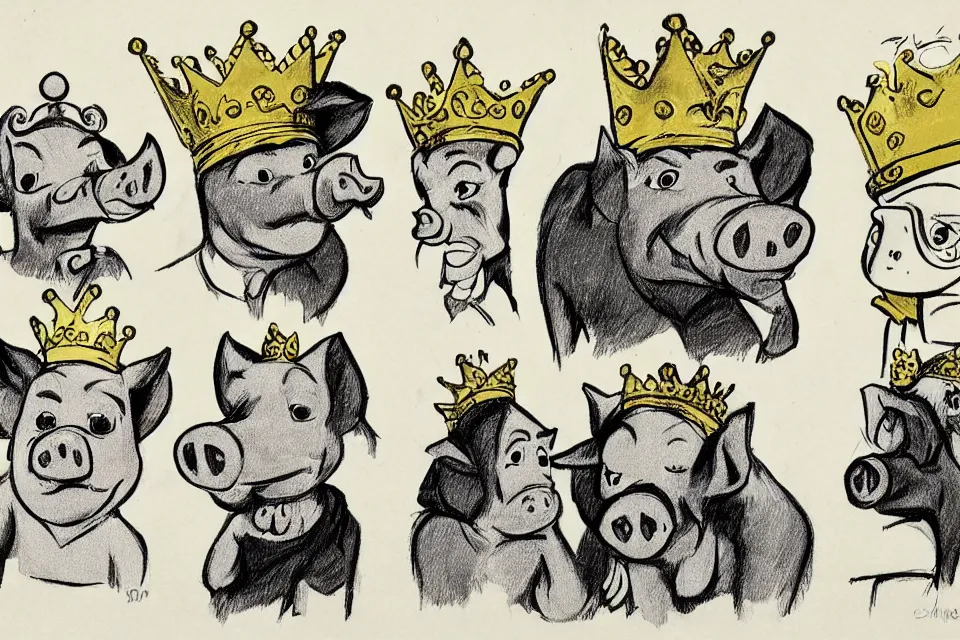 Image similar to concept sketches of a pig wearing a gold crown by jamie hewlett, in the style of 1930s cartoons