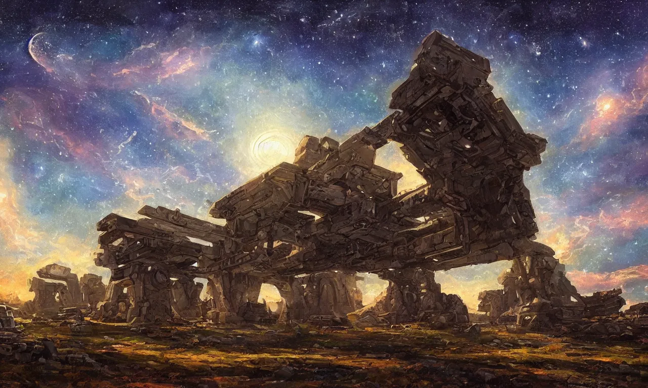 Prompt: a beautiful painting of some modern cosmic ruins under a starry night sky, artstation