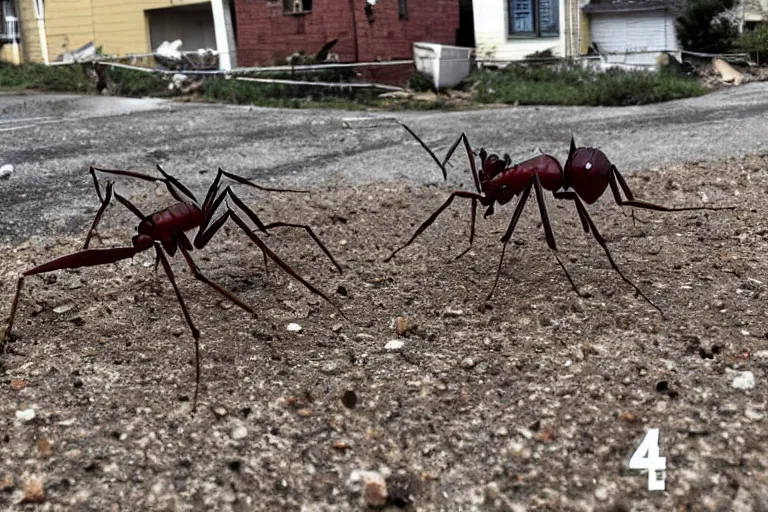 Image similar to 4 meter tall ant army destroying houses small town, shaky amateur photos by witnesses