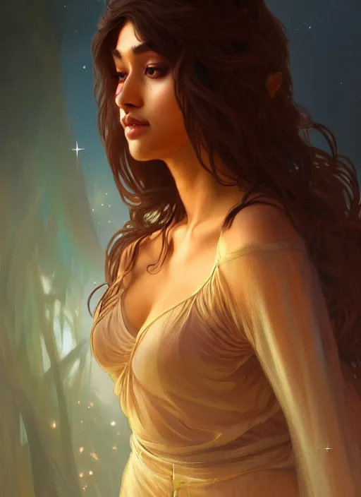 Image similar to cute brown woman wearing a transparent night gown, fantasy, intricate, highly detailed, digital painting, artstation, concept art, wallpaper, smooth, sharp focus, illustration, art by artgerm and greg rutkowski and alphonse mucha