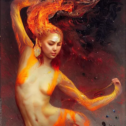 Image similar to epic masterpiece full body portrait a beautiful fire dancer with a beautiful face and flawless skin, raining ashes, by Edgar Maxence and Ross Tran and Michael Whelan