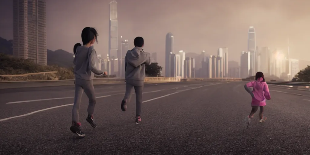 Prompt: a young girl in a sweatshirt running away from a faceless man in a tuxedo in the middle of an empty highway in hong kong with an abandoned hong kong in the background, very detailed 8 k, dystopian fantasy style, unreal engine render, global illumination, ray tracing, rtx, path tracing, enhanced