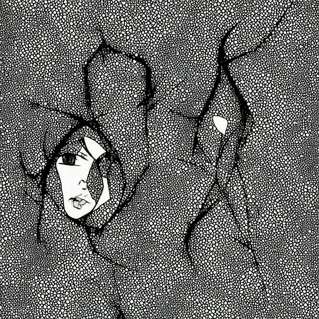 Image similar to woman, abstract, jet set radio artwork, ryuta ueda artwork, hylics artwork, ink, spots, asymmetry, stipple, lines, pointillism, crosshatching, linework, pitch bending, dark, ominous, eerie, hearts, minimal, points, technical, natsumi mukai artwrok, tight