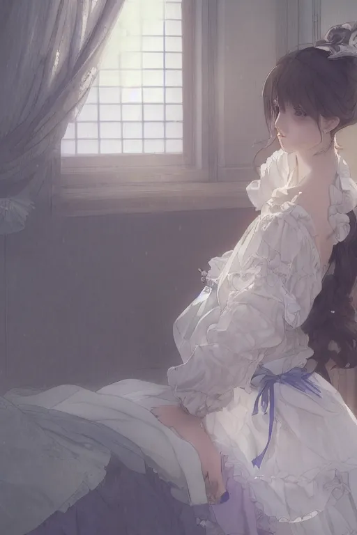 Image similar to a young lolita dressed girl in a maid's outfit in the bedroom typing front the notebook at night, raining outside the window, grey and blue theme, wavy white long hair by krenz cushart and mucha and akihito yoshida and makoto shinkai and greg rutkowski, 4 k resolution