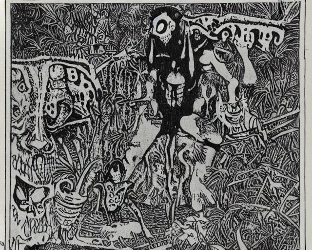Prompt: surreal b & w nightmarish garden las pozas, mayan jaguar warrior, ink by frank miller and jose guadalupe posada, crayon and cut up, punk fanzine 1 9 6 7