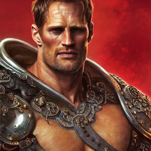 Image similar to ultra realistic illustration,, a hulking herculean alexander skarsgard with leather armour, from doom and warhammer, intricate, elegant, highly detailed, digital painting, artstation, concept art, smooth, sharp focus, illustration, art by artgerm and greg rutkowski and alphonse mucha