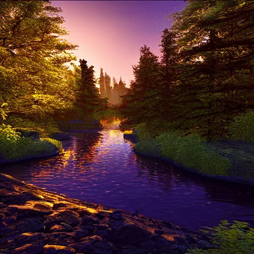 Image similar to river in a forest, golden hour, ray tracing reflection, 8k, hyper realistic, insainly detailed, hdr, octan render