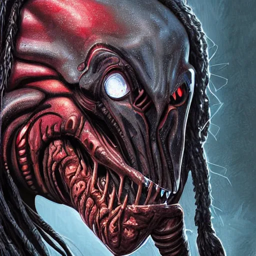 Image similar to character digital painting of an alien with dreadlocks and grey armor, The Predator, Yautja, by Dan Mumford, hyperdetailed