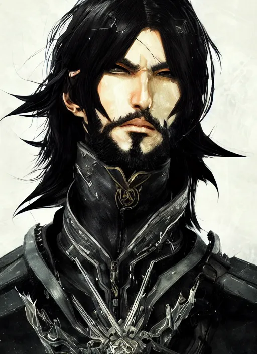 Image similar to Half body portrait of a handsome elven warrior with long black hair and facial hair wearing a black jacket. In style of Yoji Shinkawa and Hyung-tae Kim, trending on ArtStation, dark fantasy, great composition, concept art, highly detailed.