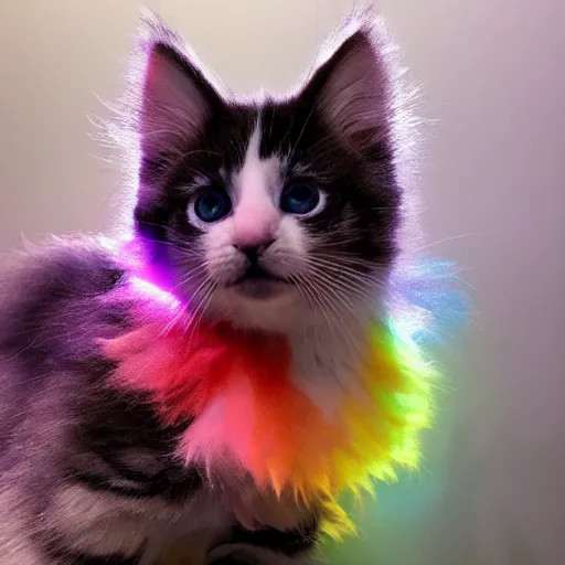 Image similar to of a very proud fluffy rainbow kitten howling at moon with a glowing rainbow aura