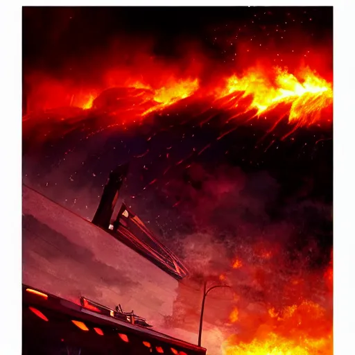 Prompt: fire explosion in the sky , high details, realistic, art by invincible