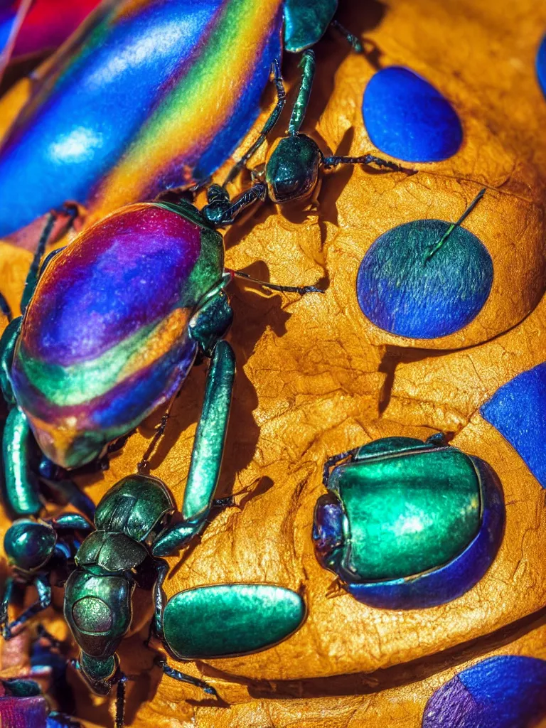 Prompt: close - up shot of a beautiful colorful beetle. insect eyes. complementary color scheme. by slim aarons, by kechun zhang. studio photography high quality highly detailed award winning photograph by national geographic, sculpture by antonio canova, renaissance painting. soft volumetric light